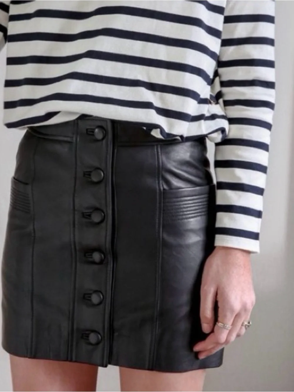 Sézane Black Button-Front Faux Leather Mini Skirt